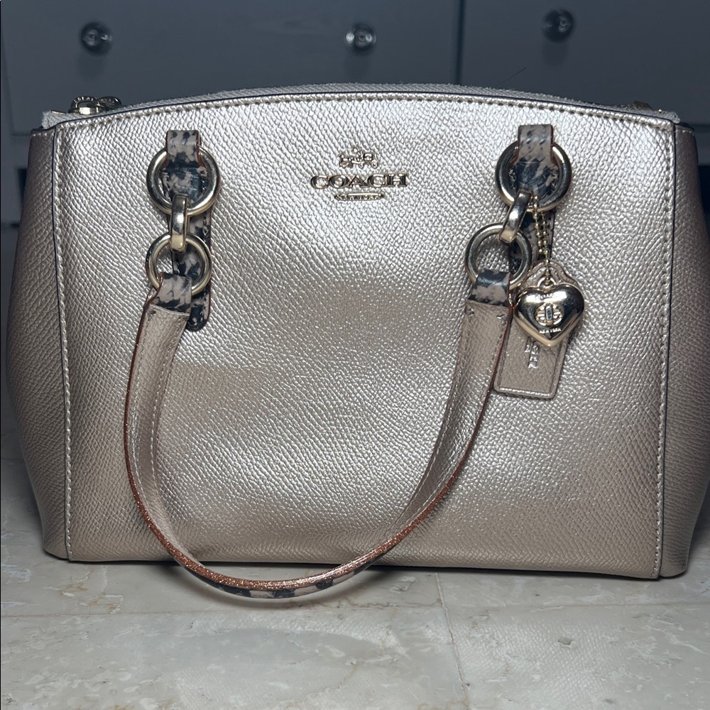 COACH Rose Gold Metallic Christie Snake Embossed Trim Straps Leather Bag